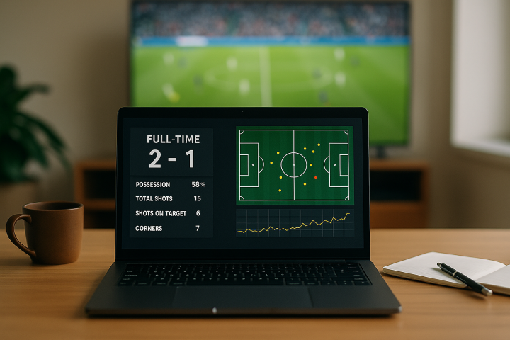 Laptop showing football match statistics and tactical analysis, with a match playing on a TV in the background, suggesting data-driven football insights.
